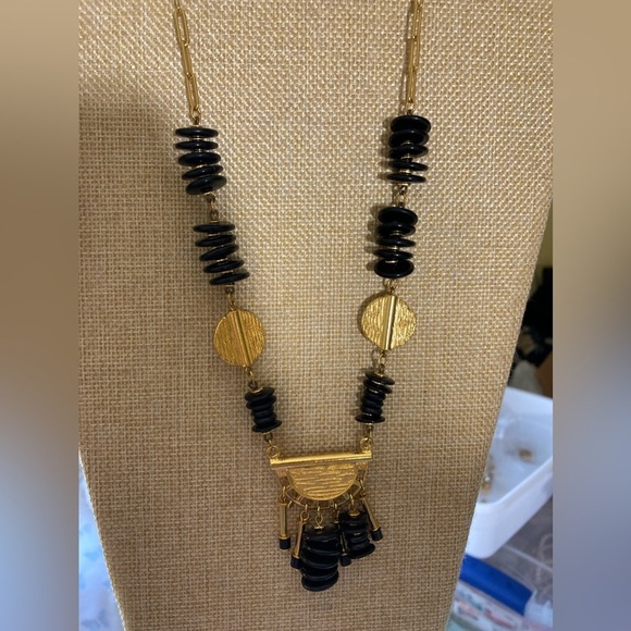 Ethnic Tribal Vintage Gold Tone and Black Beads Necklace‎ Barrel Clasp - Picture 5 of 9